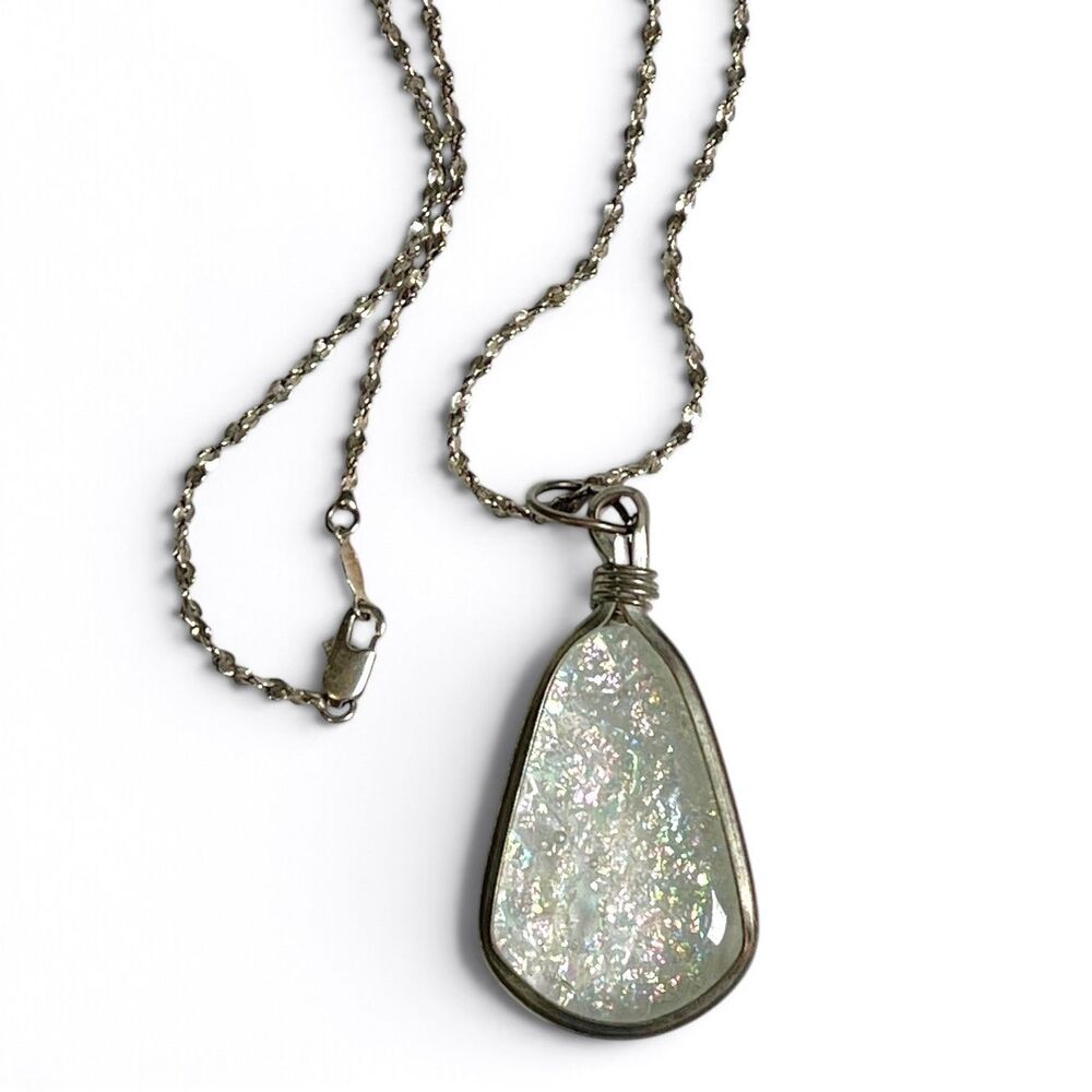 Iridescent Art Glass Teardrop Pendant Necklace Silver Tone Antiqued Long Chain